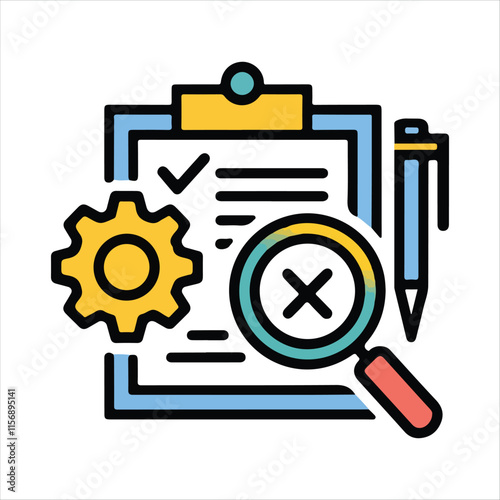 Checklist with magnifying glass and pen for thorough review vector silhouette on a white background