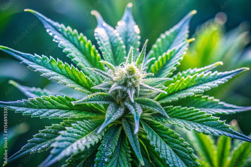 Dew-Kissed Cannabis: Minimalist Close-Up of a Lush Plant Dew-Kissed Cannabis: Minimalist Close-Up of a Lush Plant