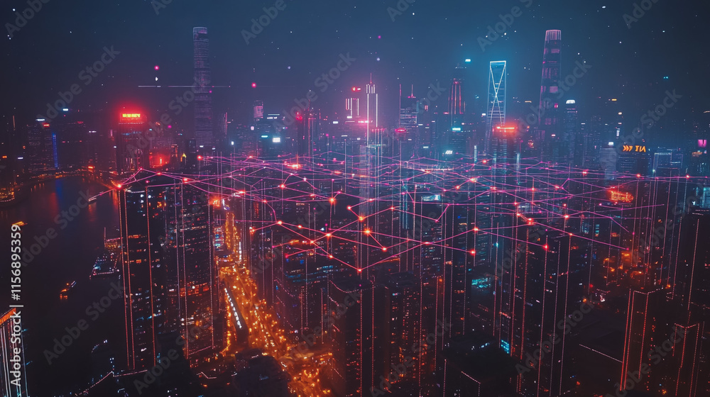 Fototapeta premium Smart digital Innovation city with connection network reciprocity over the cityscape. of future smart wireless digital city and social media networking systems that connects people with in city