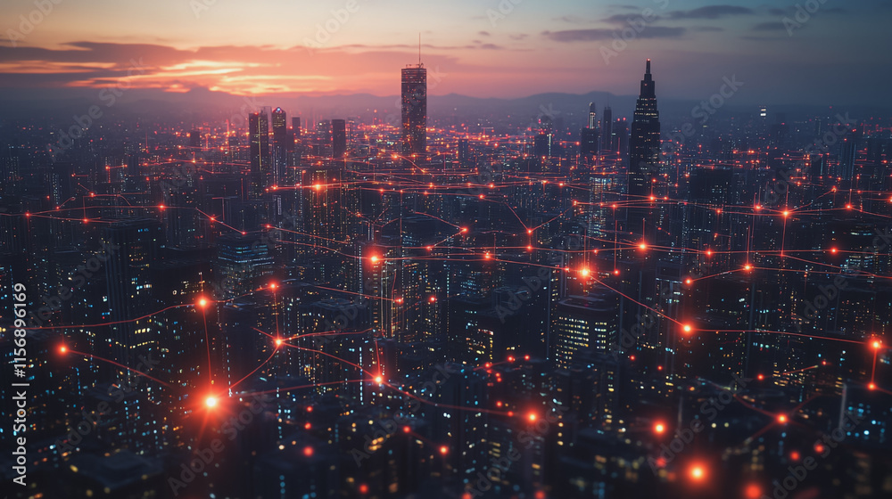 Fototapeta premium Smart digital Innovation city with connection network reciprocity over the cityscape. of future smart wireless digital city and social media networking systems that connects people with in city