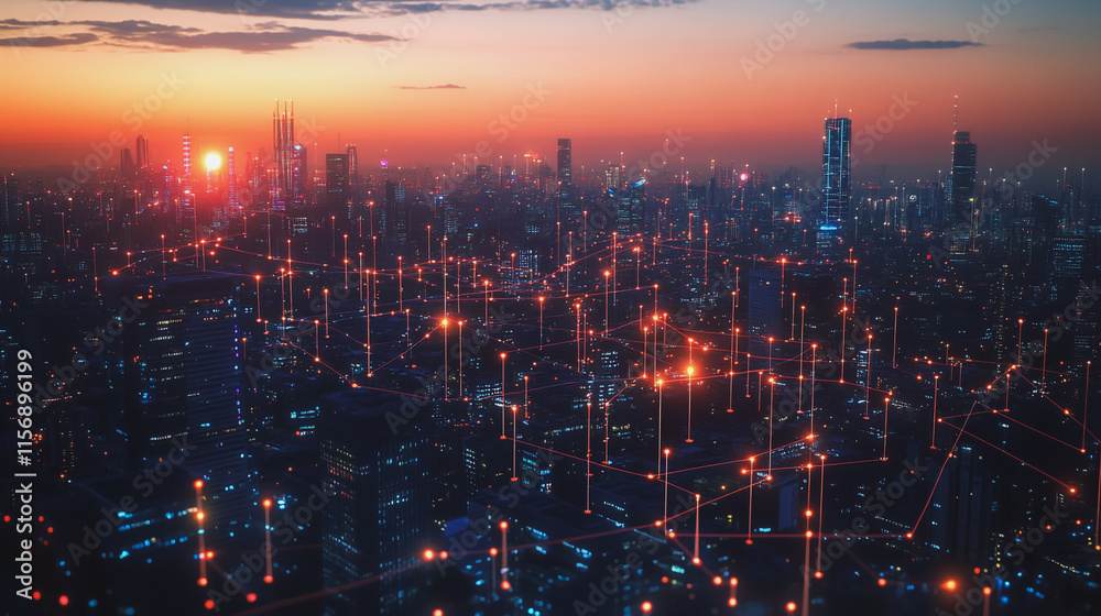 Fototapeta premium Smart digital Innovation city with connection network reciprocity over the cityscape. of future smart wireless digital city and social media networking systems that connects people with in city