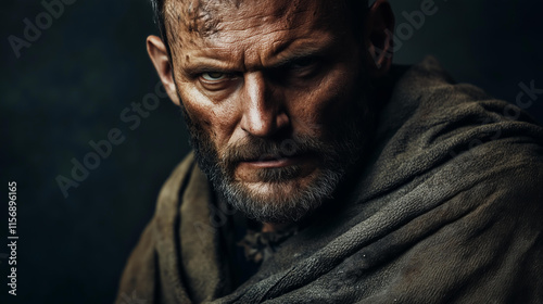 fantasy lifestyle concept, close-up portrait of a stoic warrior with a weathered face and a calm, determined expression, wearing a battle-worn cloak, isolated on a solid deep gray background  