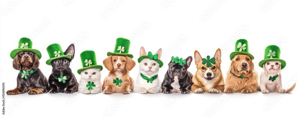 Naklejka premium Adorable Pets Wearing Green Hats and Accessories for St. Patrick's Day Celebration, Perfect for Holiday Fun, Festive Atmosphere and Pet Lover's Delight