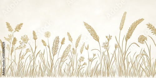 Golden wheat field illustration, seamless border design with various grasses and flowers.