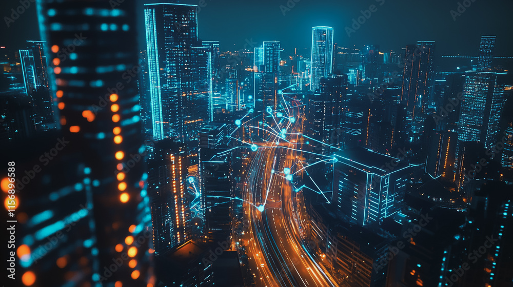 Obraz premium Smart digital Innovation city with connection network reciprocity over the cityscape. of future smart wireless digital city and social media networking systems that connects people with in city