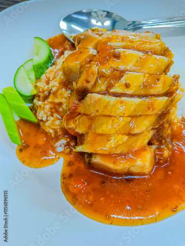 Crispy pork with rice and sauce, thai style.