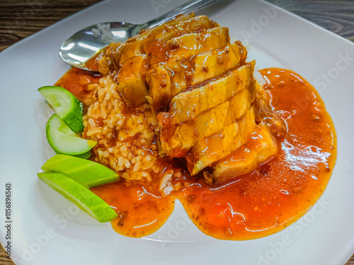 Crispy pork with rice and sauce, thai style.