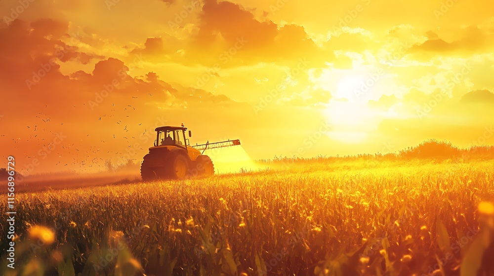 Fototapeta premium Golden Hour Tractor Photo: Silhouetted Farm Machinery Working a Lush Field at Sunset. AI Generated