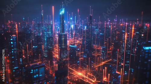 Smart digital Innovation city with connection network reciprocity over the cityscape. of future smart wireless digital city and social media networking systems that connects people with in city