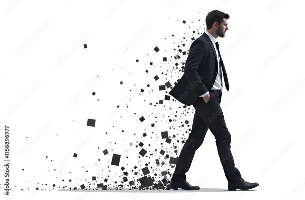 A striking silhouette of a man dressed in a suit, confidently walking toward a bright future