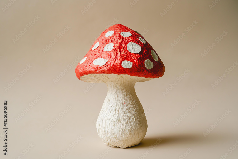 papier-mâché craft, a finished papier-mâché sculpture of a whimsical mushroom, painted in vibrant red and white, isolated on a solid beige background with ample copy space, representing imagination papier-mâché craft, a finished papier-mâché sculpture of a whimsical mushroom, painted in vibrant red and white, isolated on a solid beige background with ample copy space, representing imagination