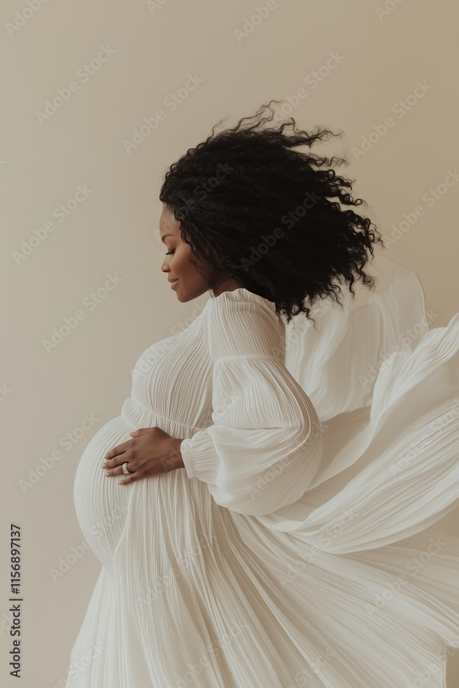 Naklejka premium pregnancy, a serene portrait of a pregnant woman gently cradling her belly, wearing a flowing white dress, isolated on a solid light beige background with ample copy space, symbolizing purity, natural