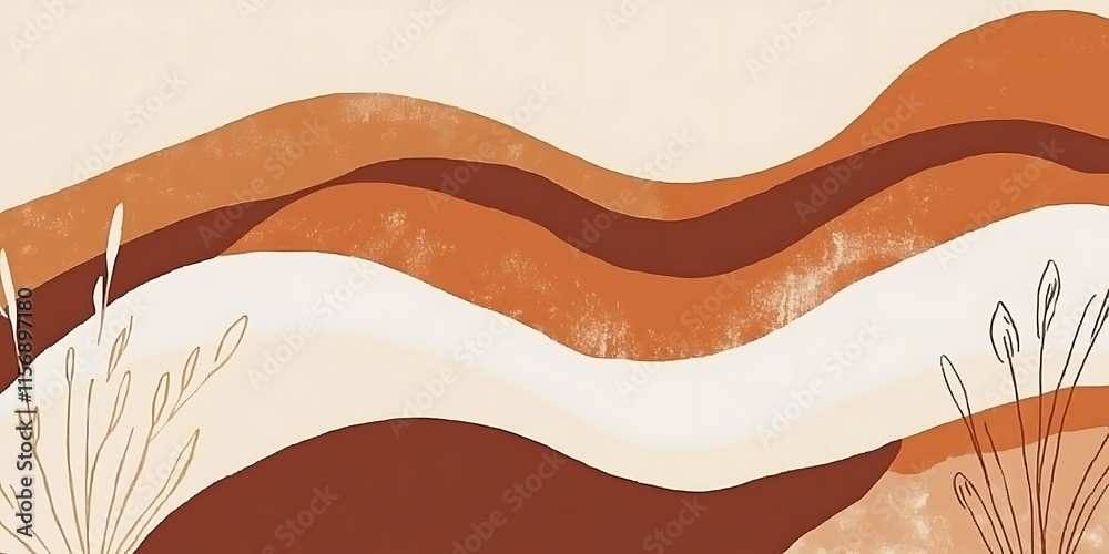 Obraz premium Abstract wavy landscape design with earthy tones and minimalist line art plants.
