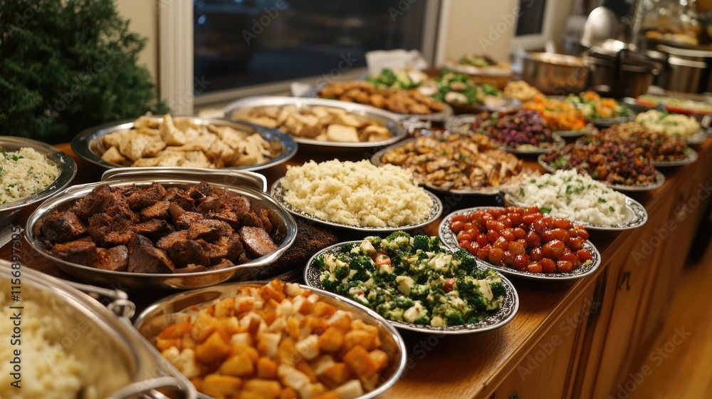 Buffet with a variety of dishes at a festive gathering during an evening celebration Buffet with a variety of dishes at a festive gathering during an evening celebration