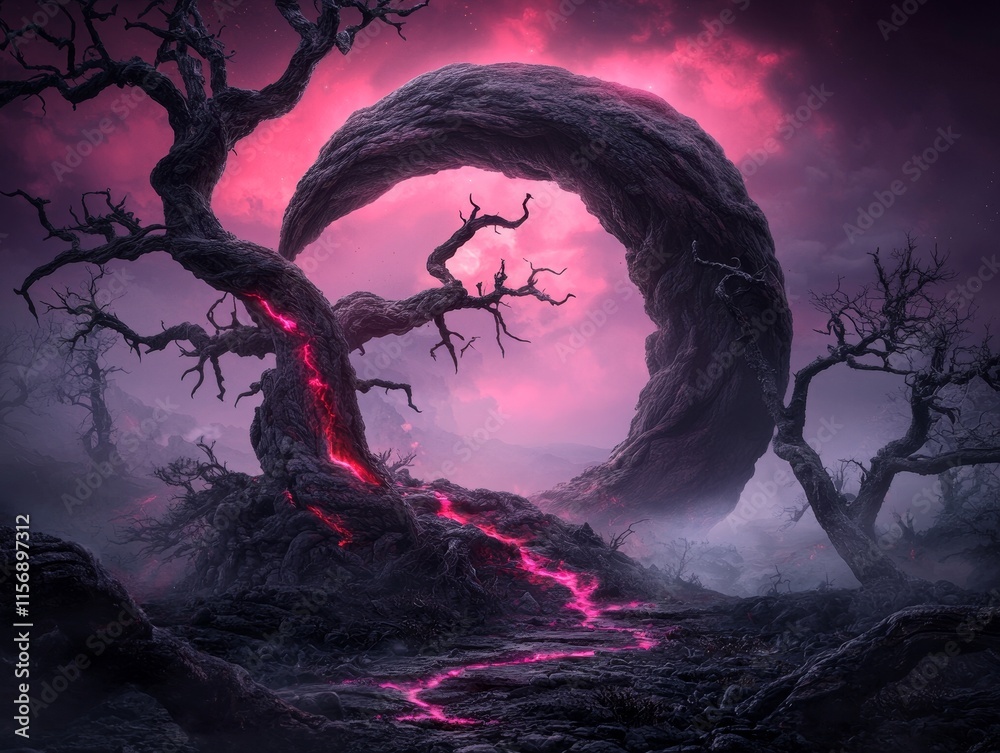 Fototapeta premium Surreal Dark Fantasy Landscape Glowing Lava Tree Crescent Rock Mystical Scene