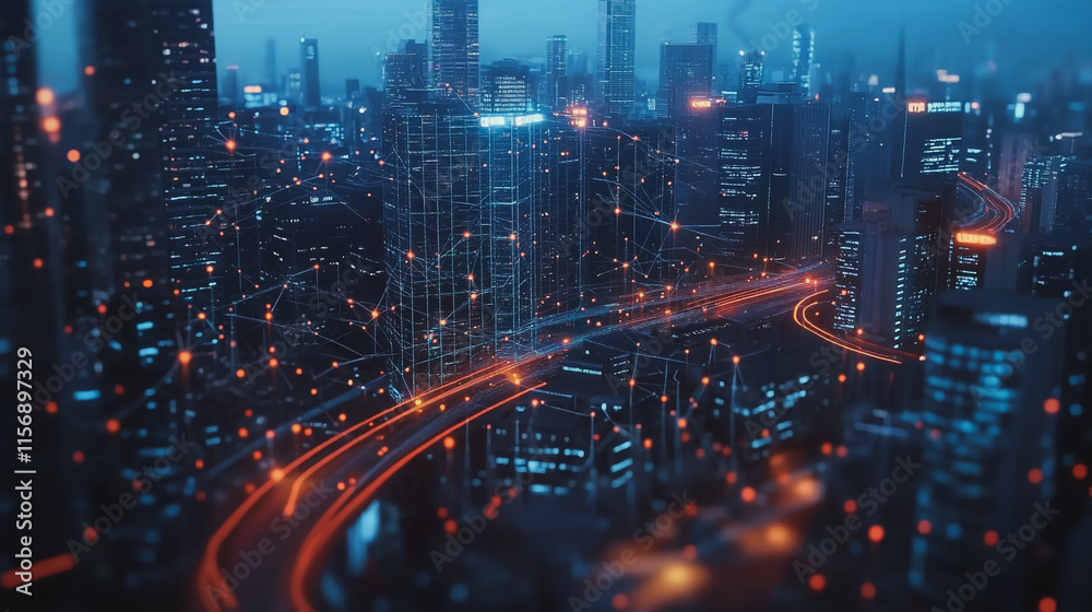 Fototapeta premium Smart digital Innovation city with connection network reciprocity over the cityscape. of future smart wireless digital city and social media networking systems that connects people with in city