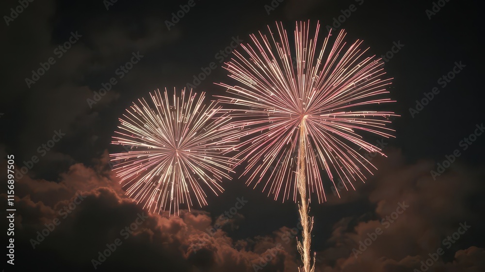 Vibrant fireworks explode in a night sky, illuminating dark clouds, background,beautiful,show Vibrant fireworks explode in a night sky, illuminating dark clouds, background,beautiful,show