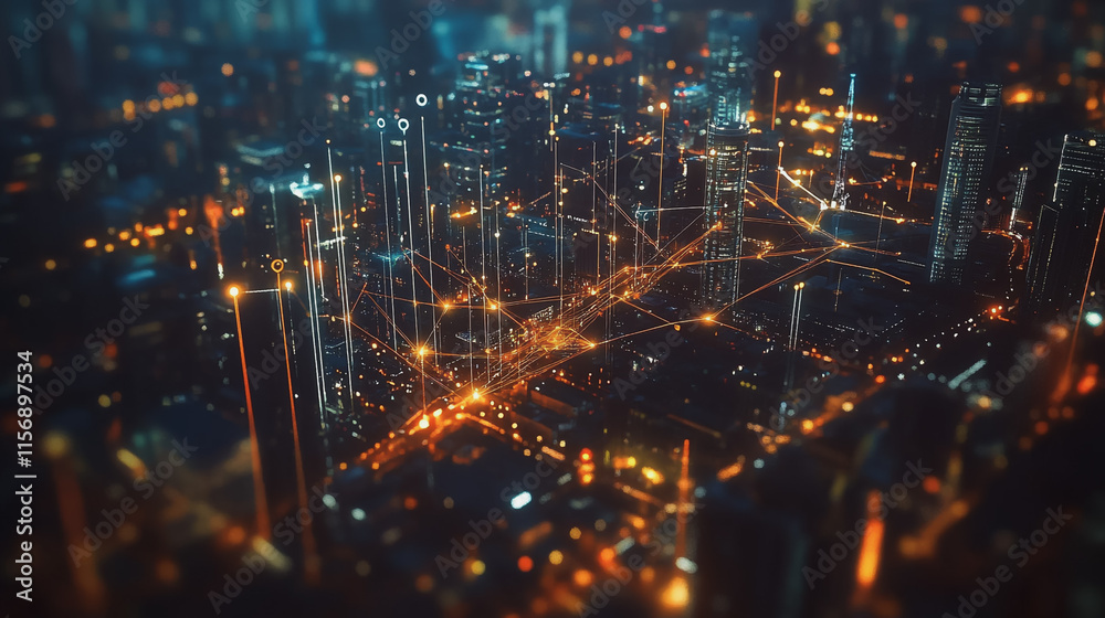 Obraz premium Smart digital Innovation city with connection network reciprocity over the cityscape. of future smart wireless digital city and social media networking systems that connects people with in city