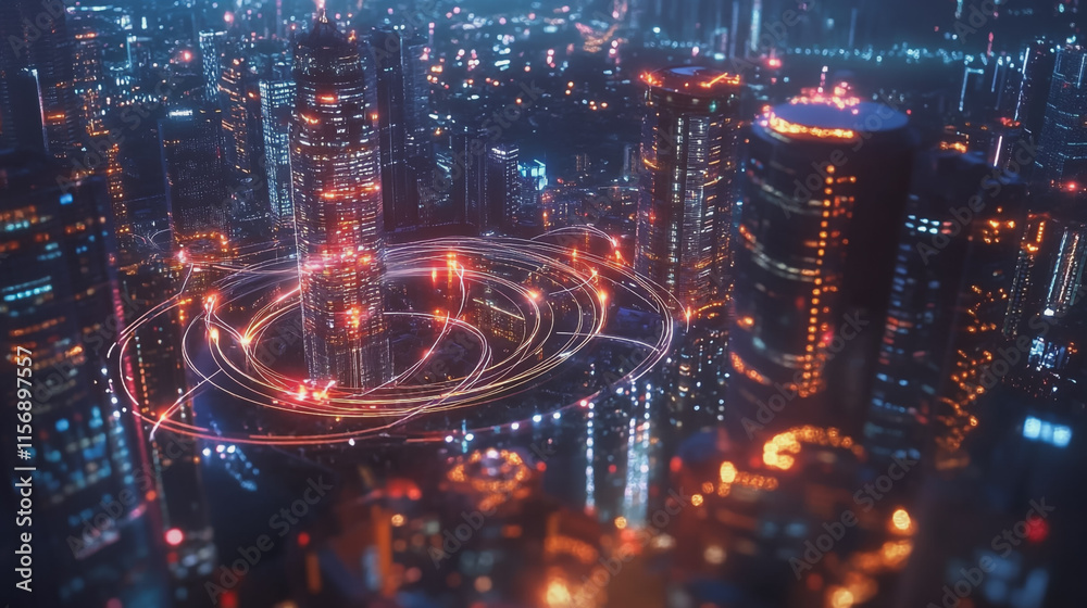 Obraz premium Smart digital Innovation city with connection network reciprocity over the cityscape. of future smart wireless digital city and social media networking systems that connects people with in city