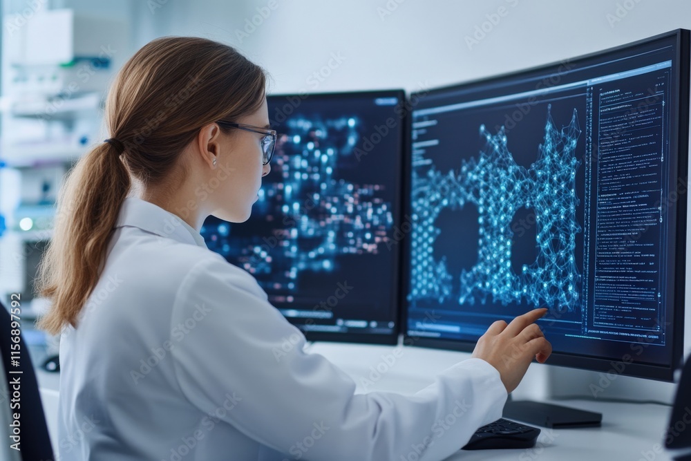 Female Scientist Analyzing Data on Computer Screens with Molecular Structure Visualizations in Modern Laboratory Setting Female Scientist Analyzing Data on Computer Screens with Molecular Structure Visualizations in Modern Laboratory Setting