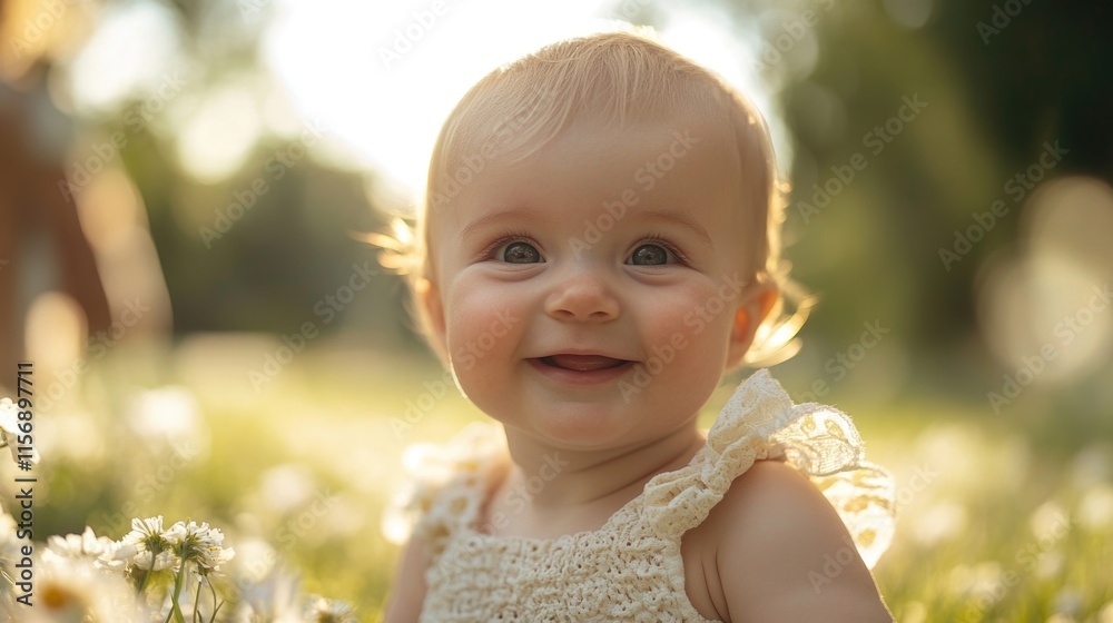 Happy baby plays in a field of flowers during golden hour with sunlight illuminating the scene Happy baby plays in a field of flowers during golden hour with sunlight illuminating the scene