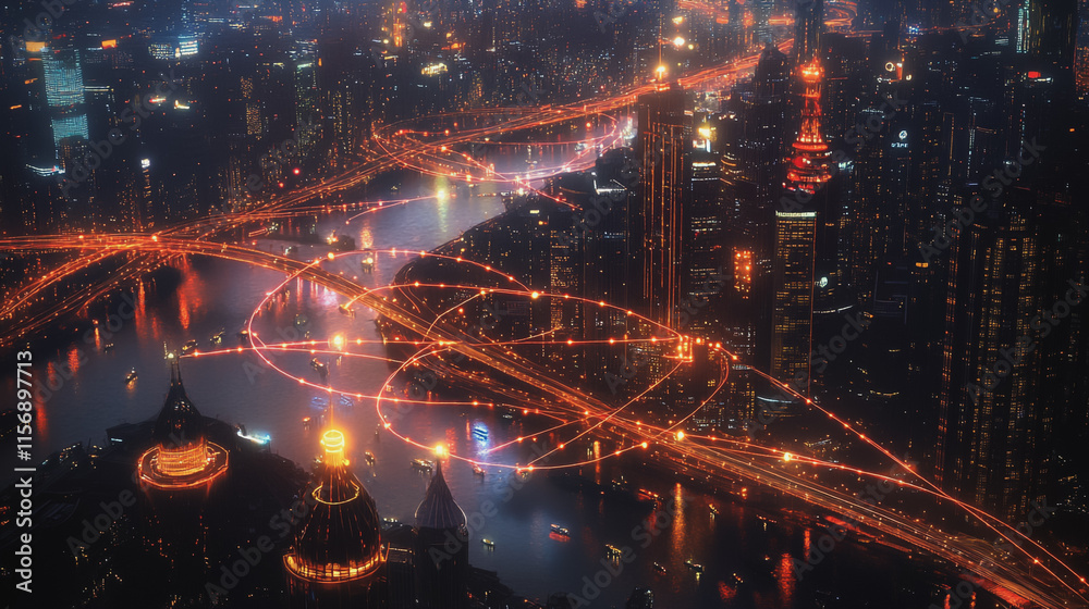 Obraz premium Smart digital Innovation city with connection network reciprocity over the cityscape. of future smart wireless digital city and social media networking systems that connects people with in city