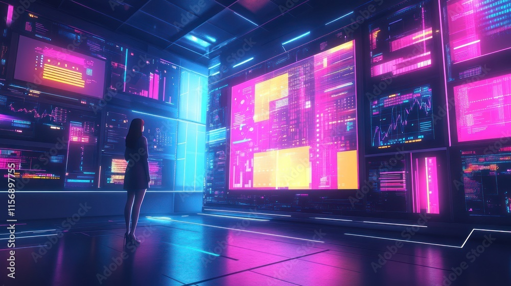 Woman observing futuristic data displays in a neon-lit control room. Woman observing futuristic data displays in a neon-lit control room.