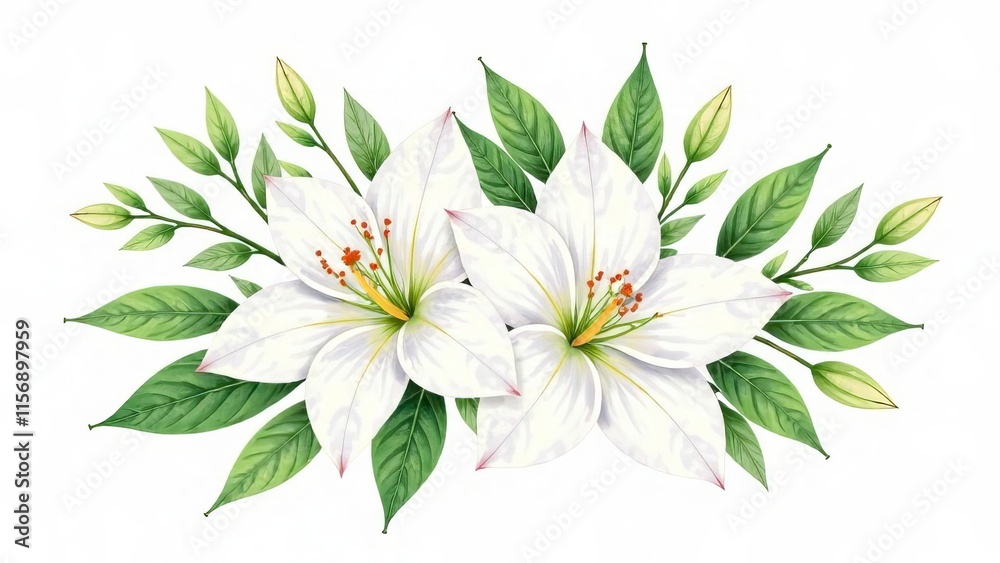 Illustration of white flowers with green leaves on a white background. Illustration of white flowers with green leaves on a white background.