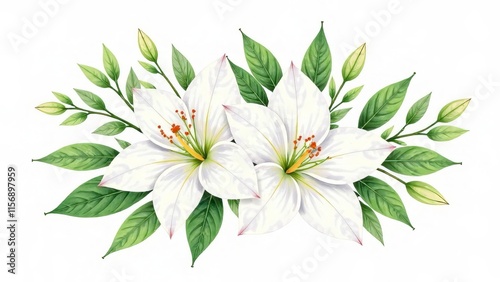 Illustration of white flowers with green leaves on a white background.