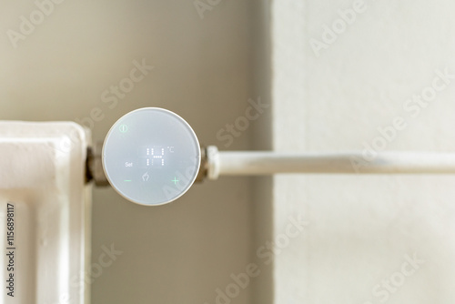 Smart HVAC Radiator Knob front view. Indoor Climate Control Technology. Smart Home Automation Energy Saving.