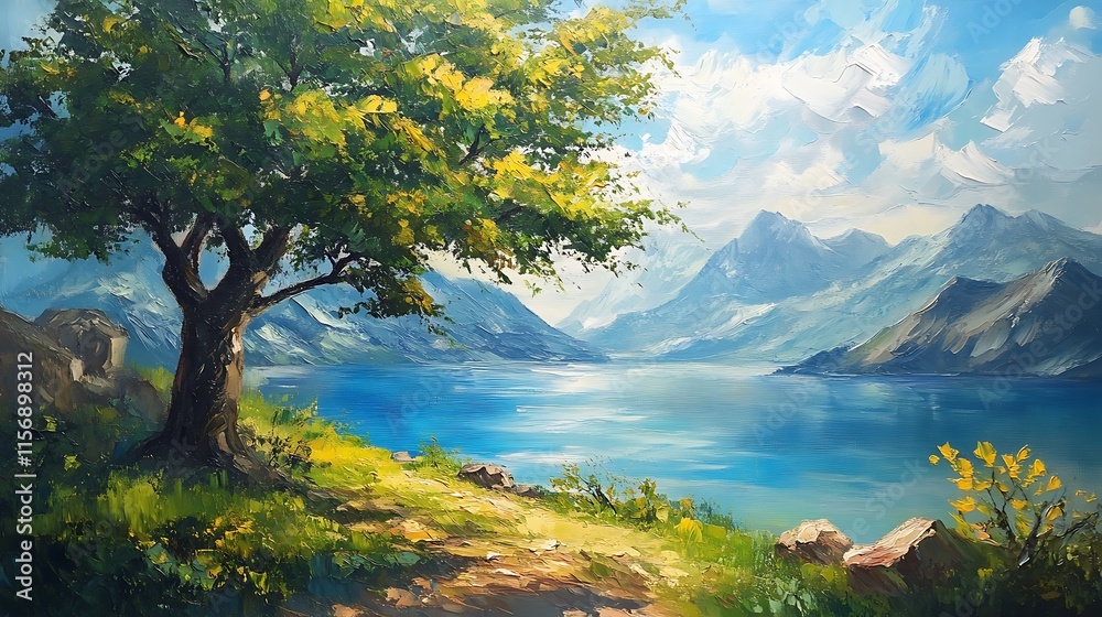 Naklejka premium Serene Mountain Lake Digital Painting: Vividly Illustrated Landscape. AI Generated