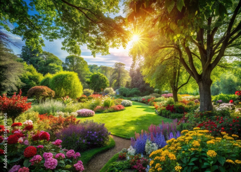 Serene Park Garden: A spring and summer oasis of lush greenery and blooming flowers. Serene Park Garden: A spring and summer oasis of lush greenery and blooming flowers.