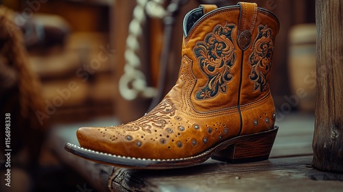 A close-up of a beautifully crafted brown leather cowboy boot with intricate designs.