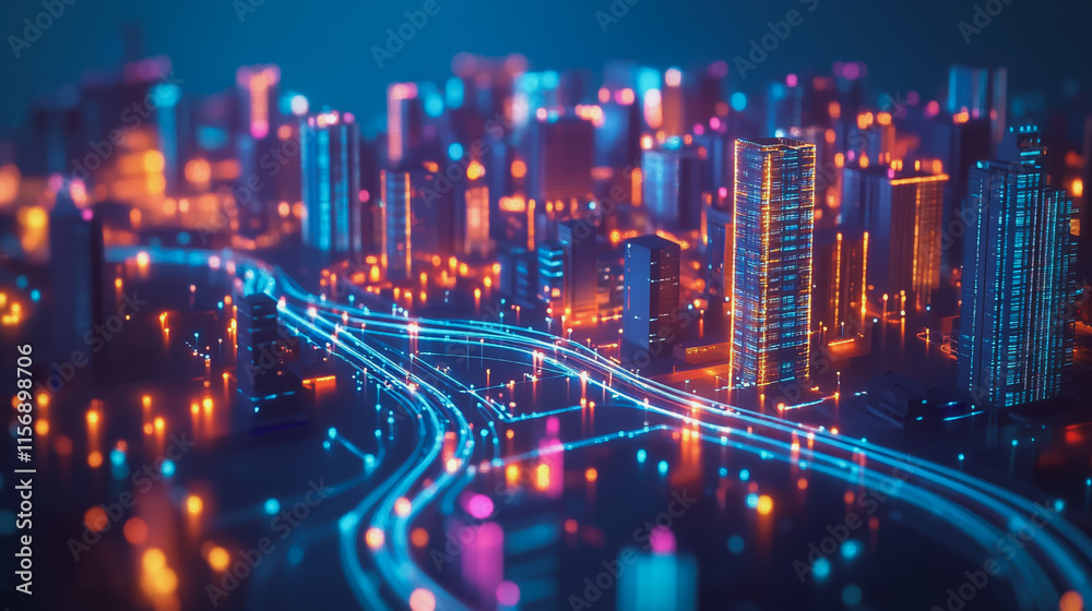 Fototapeta premium Smart digital Innovation city with connection network reciprocity over the cityscape. of future smart wireless digital city and social media networking systems that connects people with in city