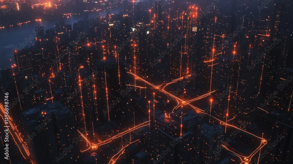 Obraz premium Smart digital Innovation city with connection network reciprocity over the cityscape. of future smart wireless digital city and social media networking systems that connects people with in city