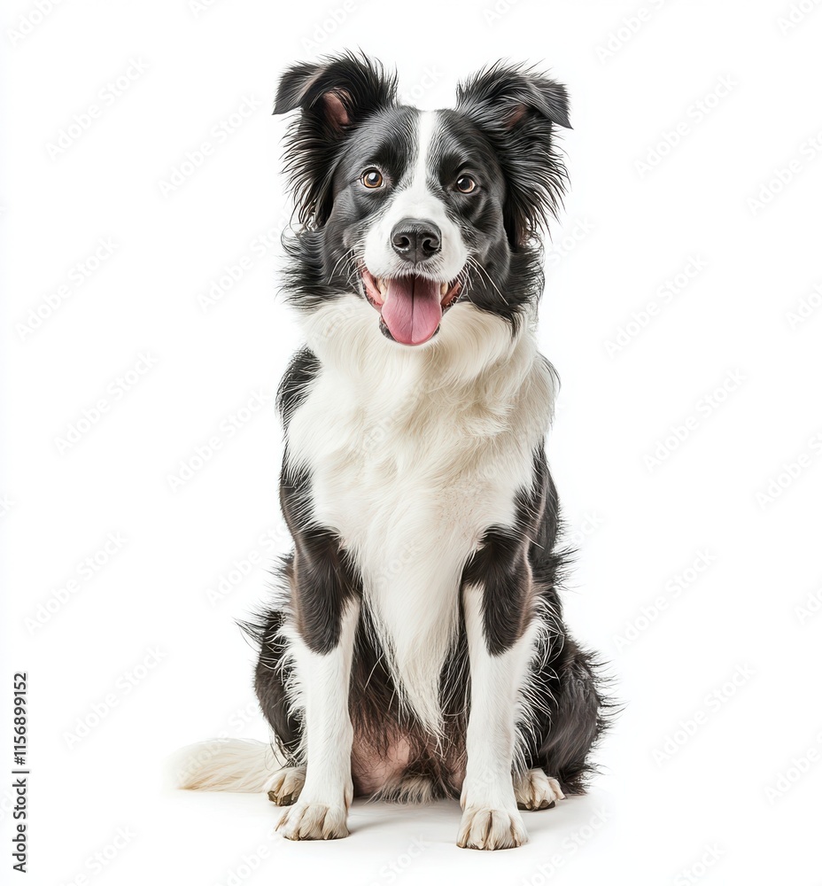 A black and white border collie sits in front of a white background A black and white border collie sits in front of a white background