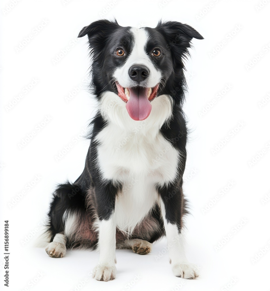A black and white border collie sits in front of a white background A black and white border collie sits in front of a white background