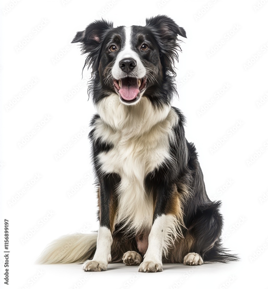 A black and white border collie sits in front of a white background A black and white border collie sits in front of a white background
