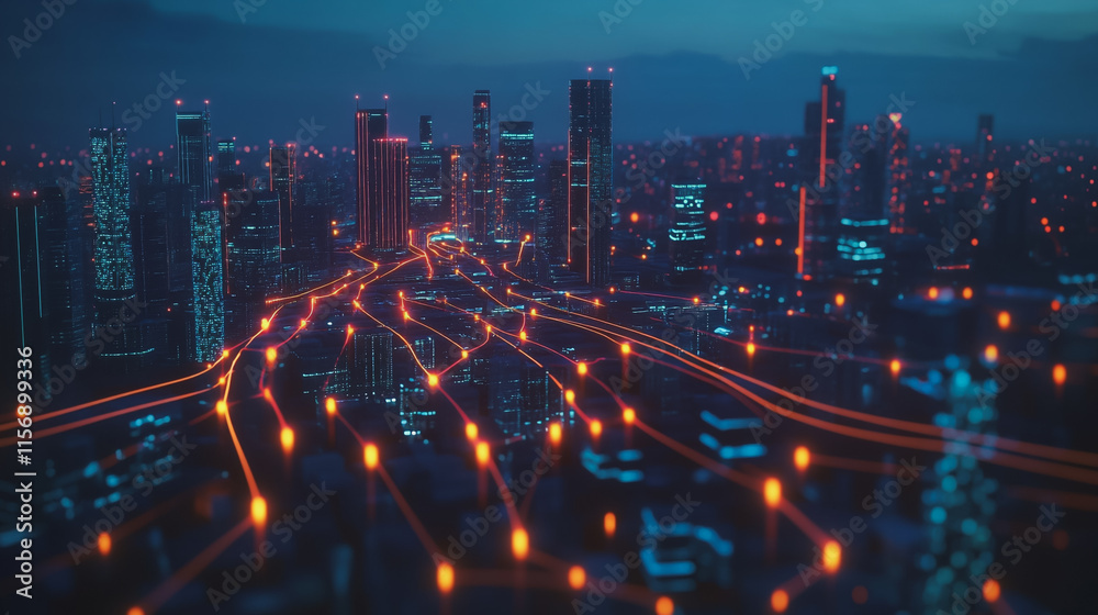 Fototapeta premium Smart digital Innovation city with connection network reciprocity over the cityscape. of future smart wireless digital city and social media networking systems that connects people with in city