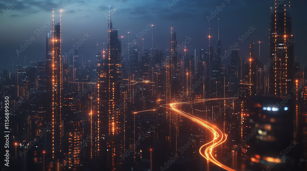 Obraz premium Smart digital Innovation city with connection network reciprocity over the cityscape. of future smart wireless digital city and social media networking systems that connects people with in city