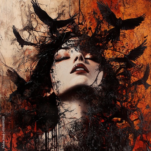 Vászonkép Surreal Woman with Crows: A Dark and Dreamlike Portrait