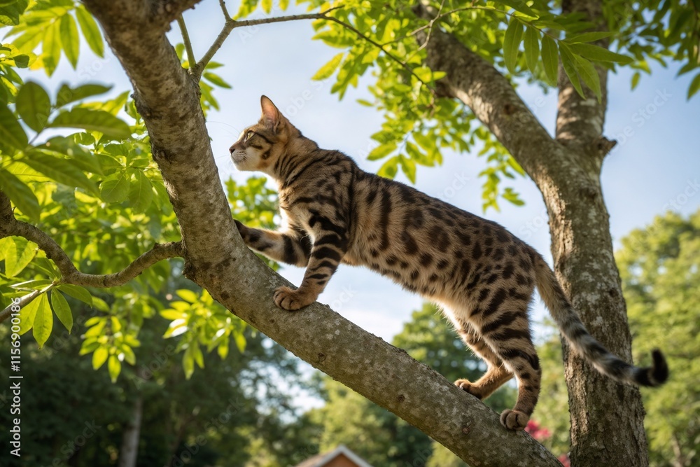 Majestic Bengal Cat with Spotted Coat Gracefully Perched in Sun-Dappled Tree Against Natural Green Background