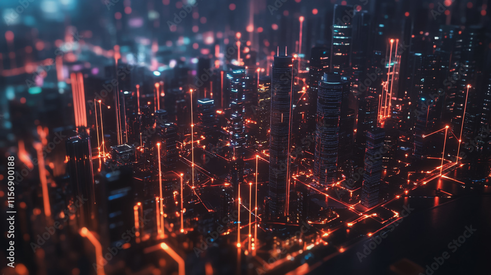 Obraz premium Smart digital Innovation city with connection network reciprocity over the cityscape. of future smart wireless city and social media networking systems that connects business people with in city
