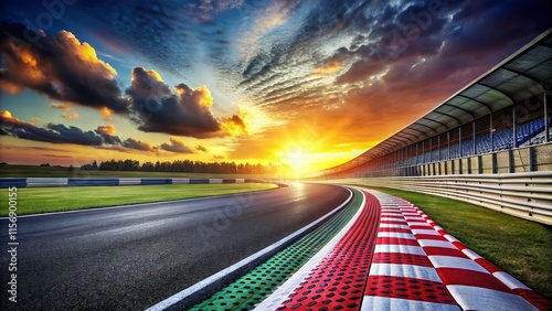 Dramatic Evening Asphalt Race Track Finish Line, 3D Rendered Stock Photo