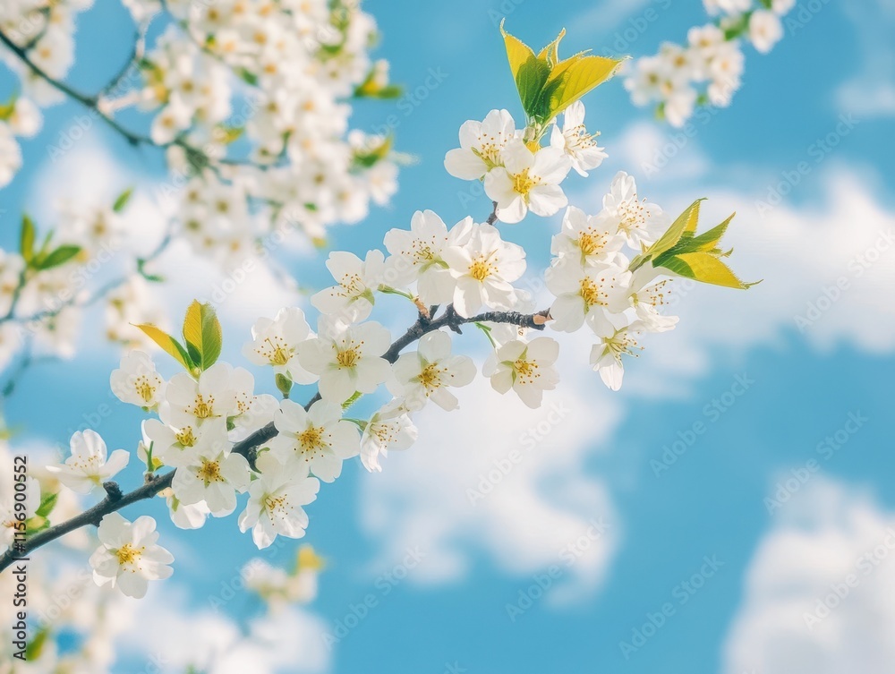 A beautiful tree adorned with white flowers stands out against a clear blue sky A beautiful tree adorned with white flowers stands out against a clear blue sky