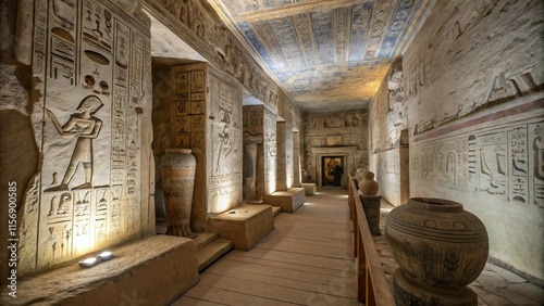 Ancient Egyptian Corridor with Dramatic Lighting Showcasing Detailed Hieroglyphic Art and Stone Vessels photo