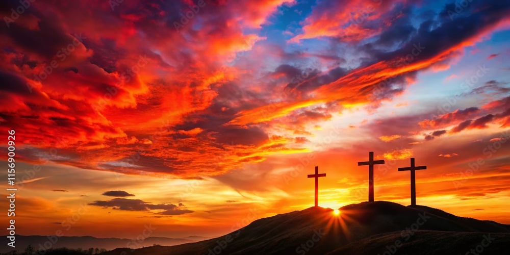 Obraz premium Dramatic Sunset over Calvary Hill, Three Crosses Silhouette, Christian Golgotha Landscape