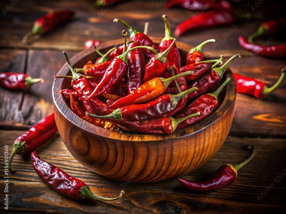 Dried Chili Peppers in Rustic Wooden Bowl - Night Photography Stock Photo Dried Chili Peppers in Rustic Wooden Bowl - Night Photography Stock Photo