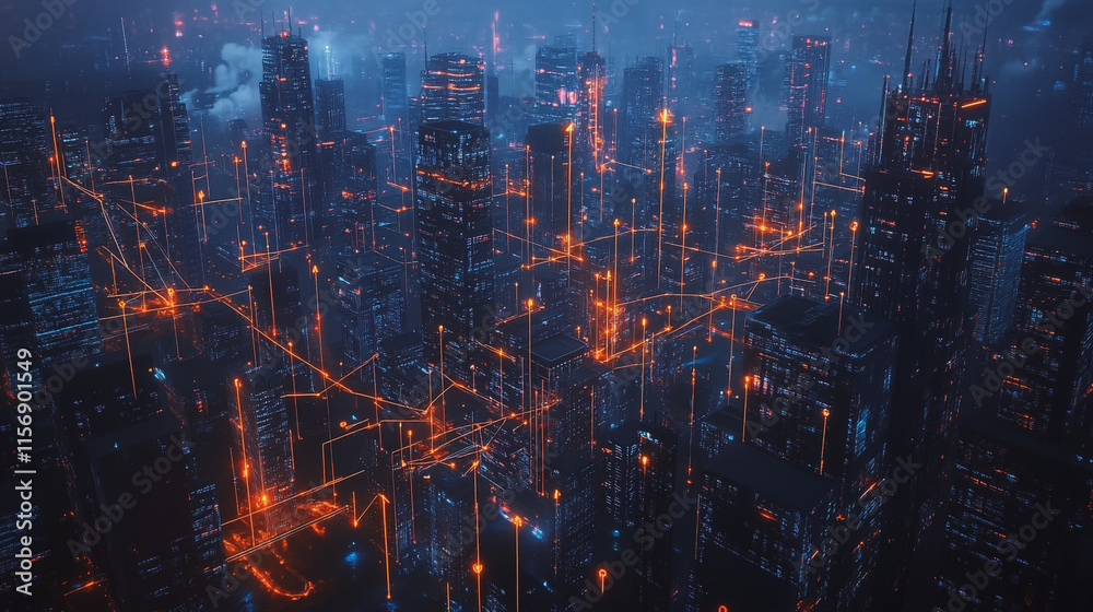 Fototapeta premium Smart digital Innovation city with connection network reciprocity over the cityscape. of future smart wireless city and social media networking systems that connects business people with in city