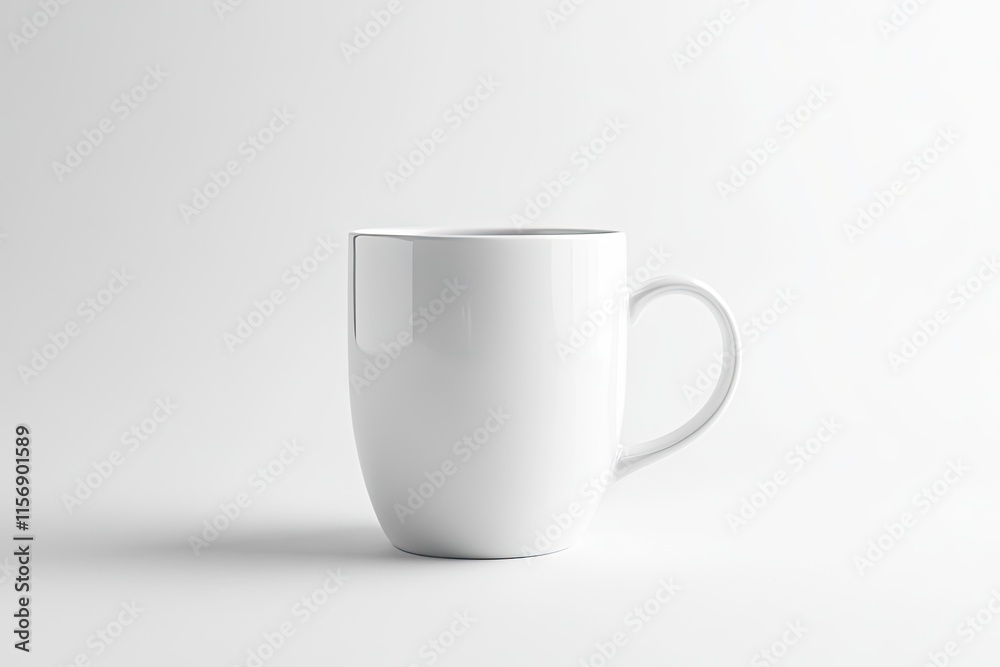 Fototapeta premium A white ceramic coffee mug featuring a handle is placed on a white surface